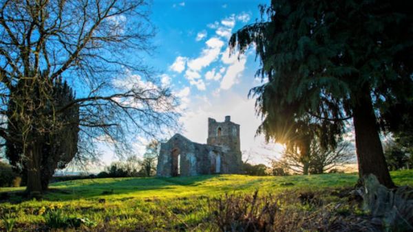 Old St Marys Church (a ruin) set within fields and surrounded by trees